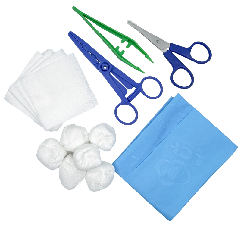 Set de pansement avec pinces, ciseaux et compresses – Carton de 5 sets