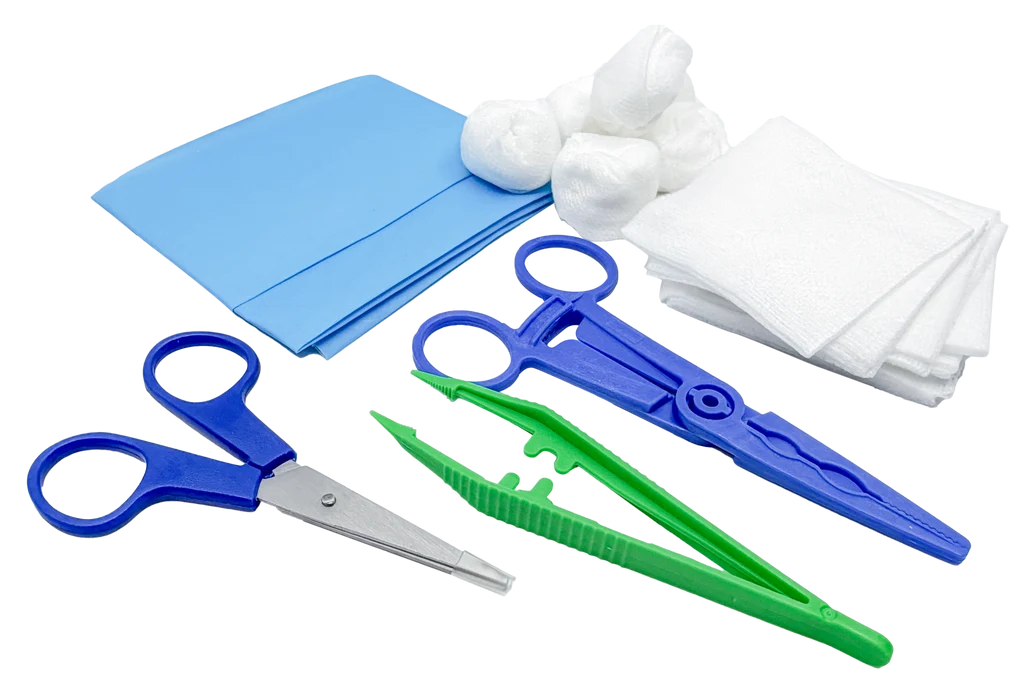 Set de pansement avec pinces, ciseaux et compresses – Carton de 5 sets