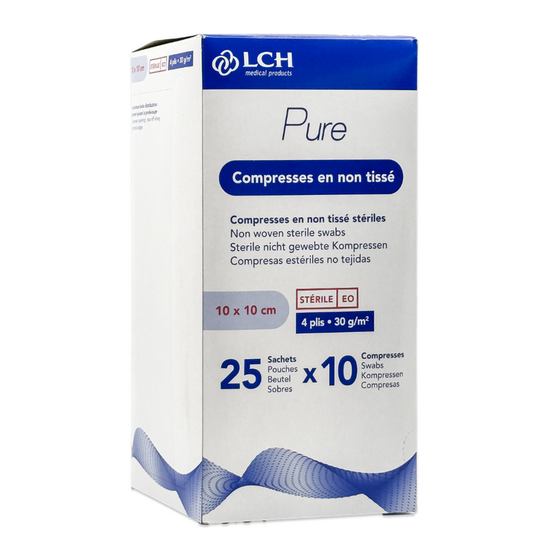Compresses en non tissés stériles PURE sN30 - 10 x 10 cm - Boîte de 25 sachets de 10 compresses