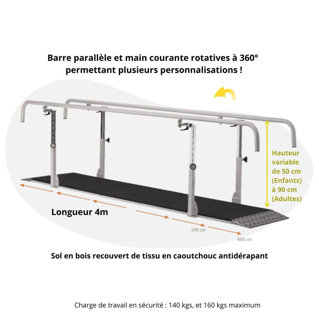 Barre parallèle professionnelle avec socle et main courante rotative - adulte et enfant - 4 m