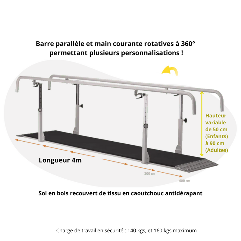 Barre parallèle professionnelle avec socle et main courante rotative - adulte et enfant - 4 m