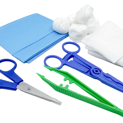 Set de pansement avec pinces, ciseaux et compresses – Carton de 5 sets