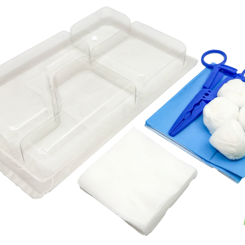 Set de pansement avec 3 pinces, compresses et boules de gaze – Carton de 5 sets