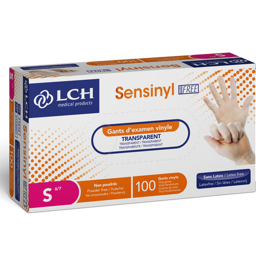 Gants d'examen vinyle Sensinyl Free non poudrés, non stériles – Boîte de 100 – Taille S 6/7