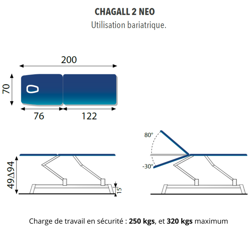 Table de massage CHAGALL NEO 2 plans - avec options - sellerie grise