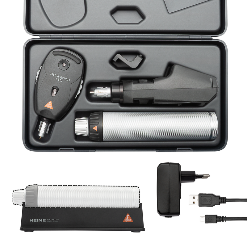 HEINE BETA200S/200 LED Spleet-oftalmoscoop en skiascoop, oplaadbare handgreep, USB-kabel en netvoeding